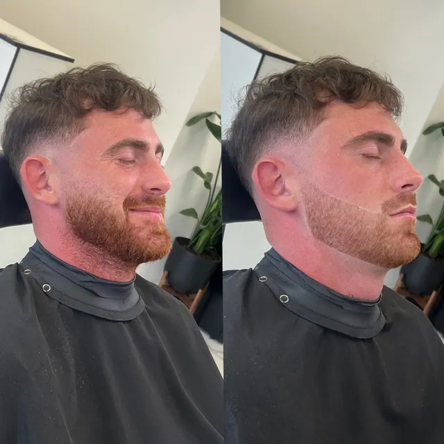 A beard shaped and lined up, before and after